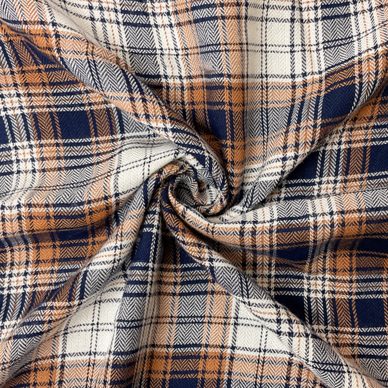 Brown-Navy-White Rayon Plaid Herringbone Twill Woven Fabric