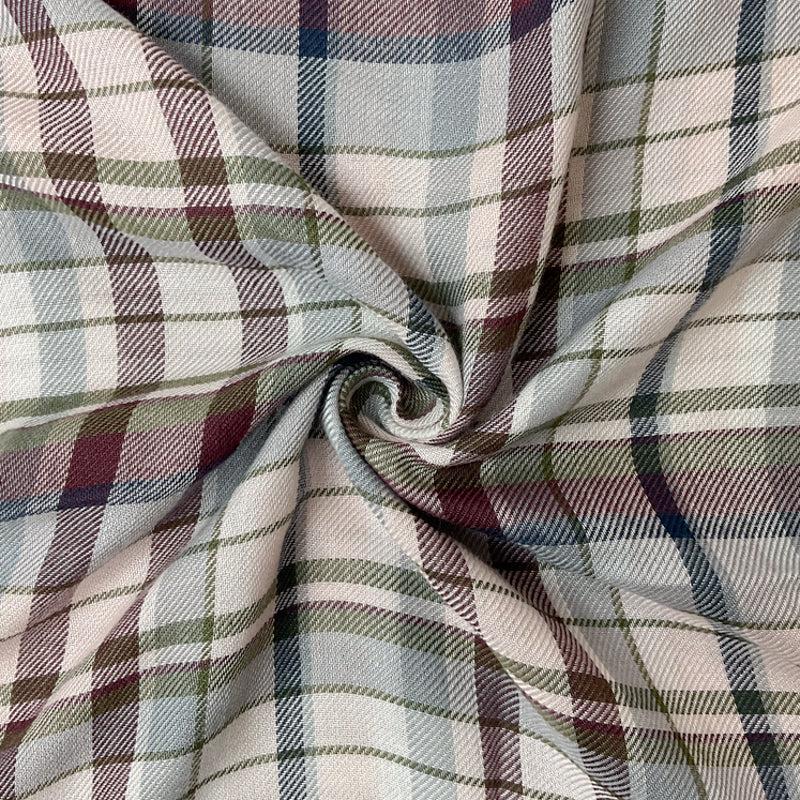 Green-White-Burgundy Rayon Plaid Twill Woven Fabric