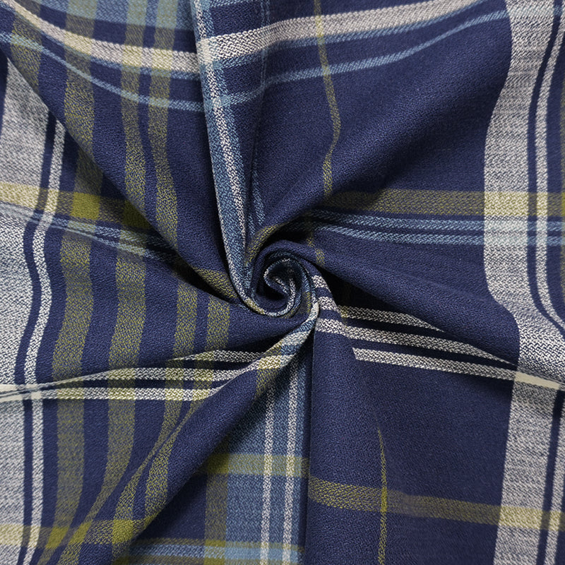 Blue-Green Cotton Plaid Momie Crepe Woven Fabric