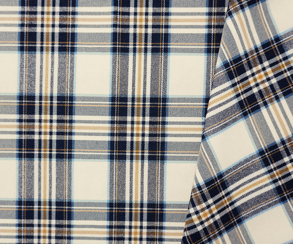 Blue-Yellow-Multi Rayon Cotton Stretch Plaid Twill Woven Fabric