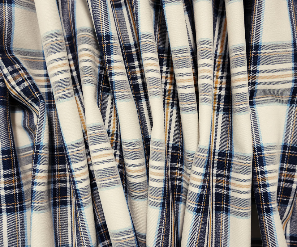 Blue-Yellow-Multi Rayon Cotton Stretch Plaid Twill Woven Fabric