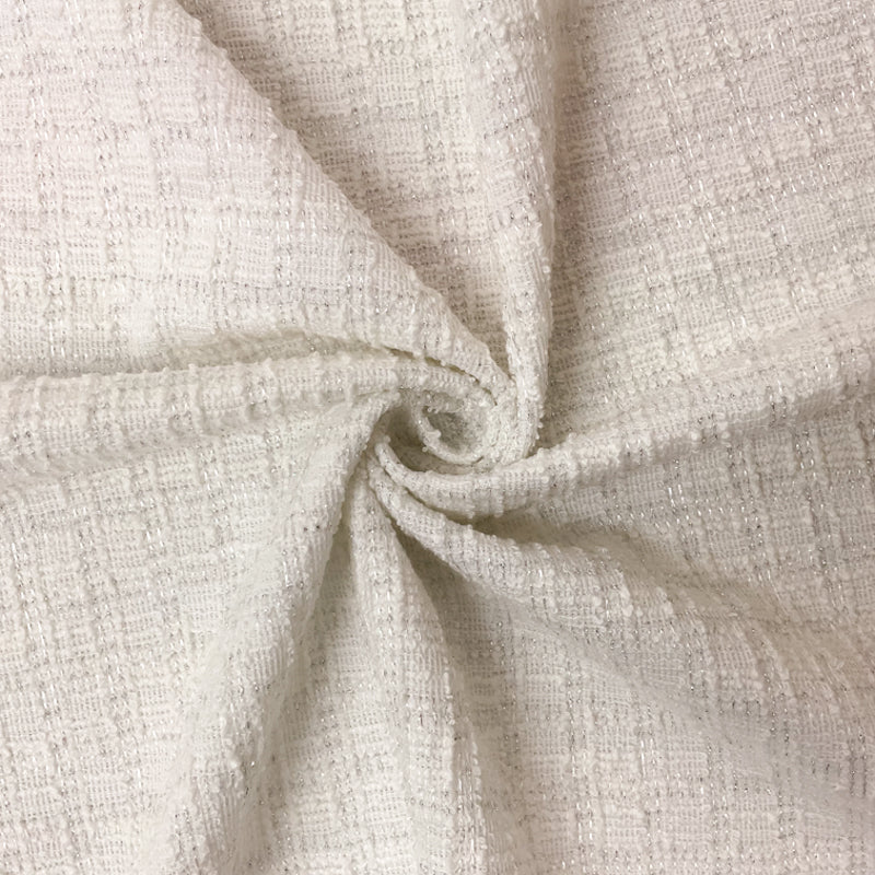White-Silver Poly Blend Texture Boucle Plaid Novelty Knit Fabric