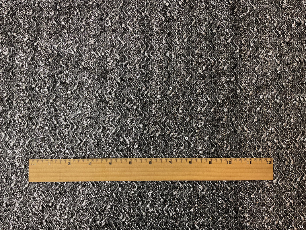 Silver Poly Foil Printed Wave Sequin Boucle Novelty Knit Fabric