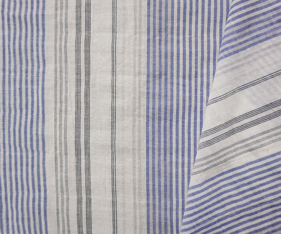 Blue-White-Multi Cotton Stripe Voile Woven Fabric