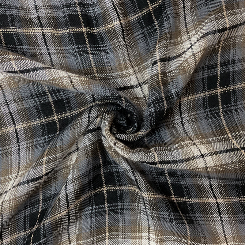 Gray-Brown-Multi Rayon Plaid Twill Woven Fabric