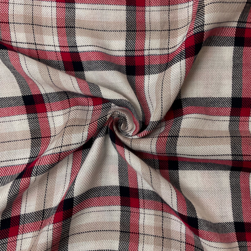 Red-White-Multi Rayon Plaid Twill Woven Fabric