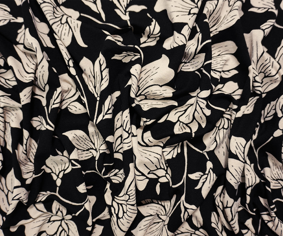 Black-Beige Famous Designer Viscose Floral Jersey Knit Fabric