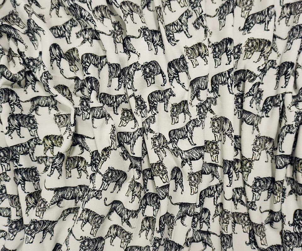 White-Black Famous Designer Viscose Tiger Crepe Faille Fabric