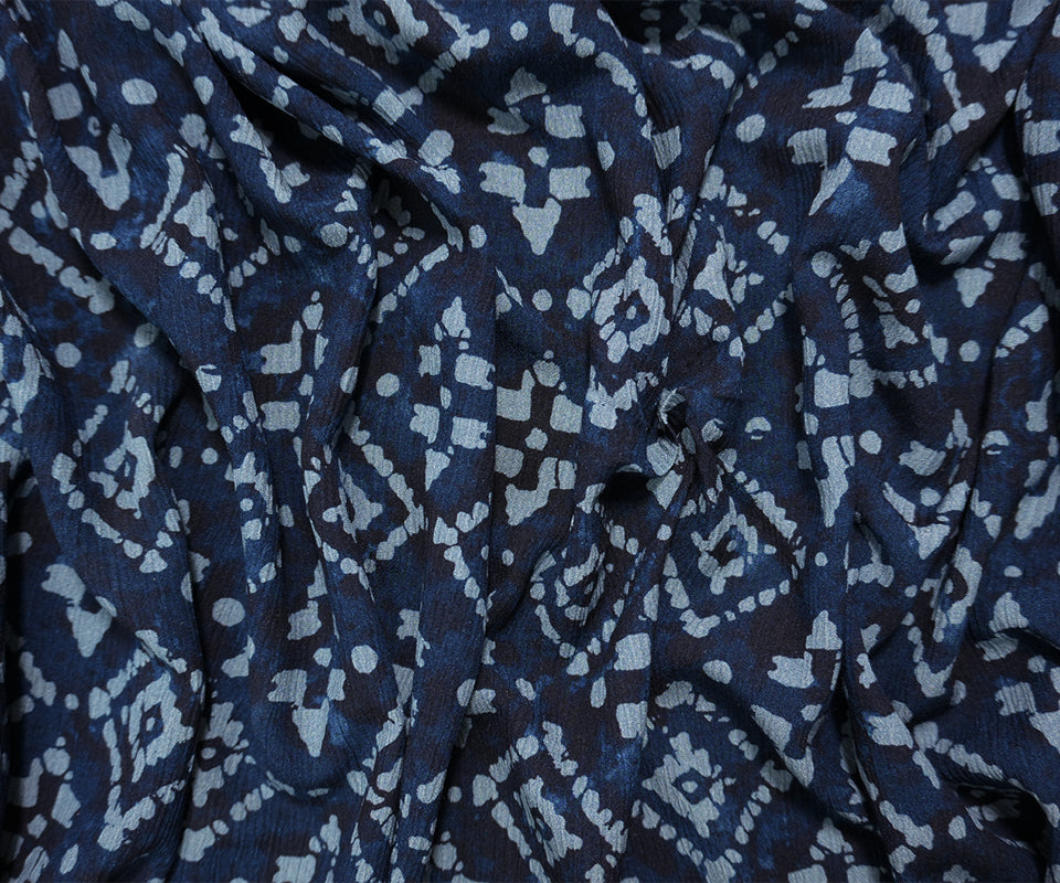 Blue Famous Designer Viscose Diamond Crinkled Crepe Woven Fabric