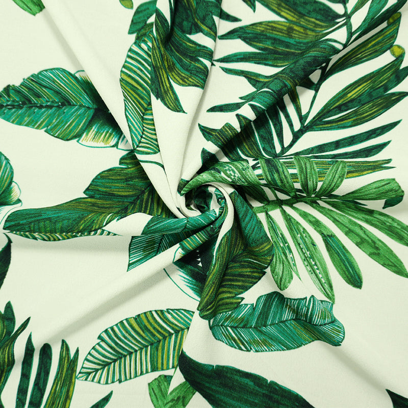 White-Green Famous Designer Viscose Leaves Crepe Faille Fabric