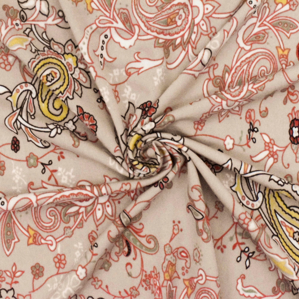 Sugar Beige-Orange-Multi Paisley Printed Stretch Polyester ITY Knit Fabric