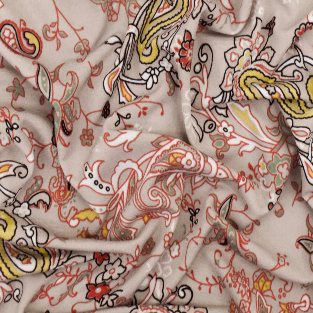 Sugar Beige-Orange-Multi Paisley Printed Stretch Polyester ITY Knit Fabric