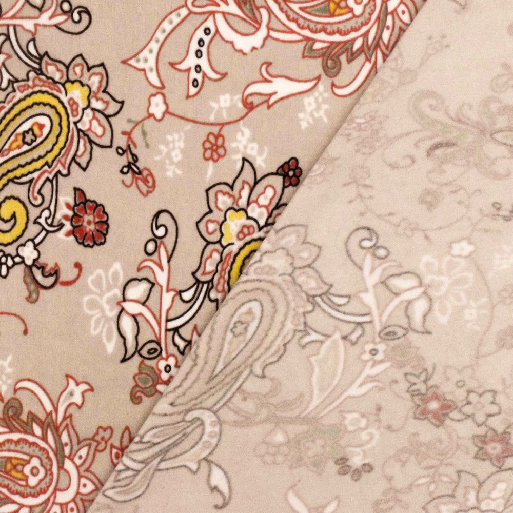 Sugar Beige-Orange-Multi Paisley Printed Stretch Polyester ITY Knit Fabric