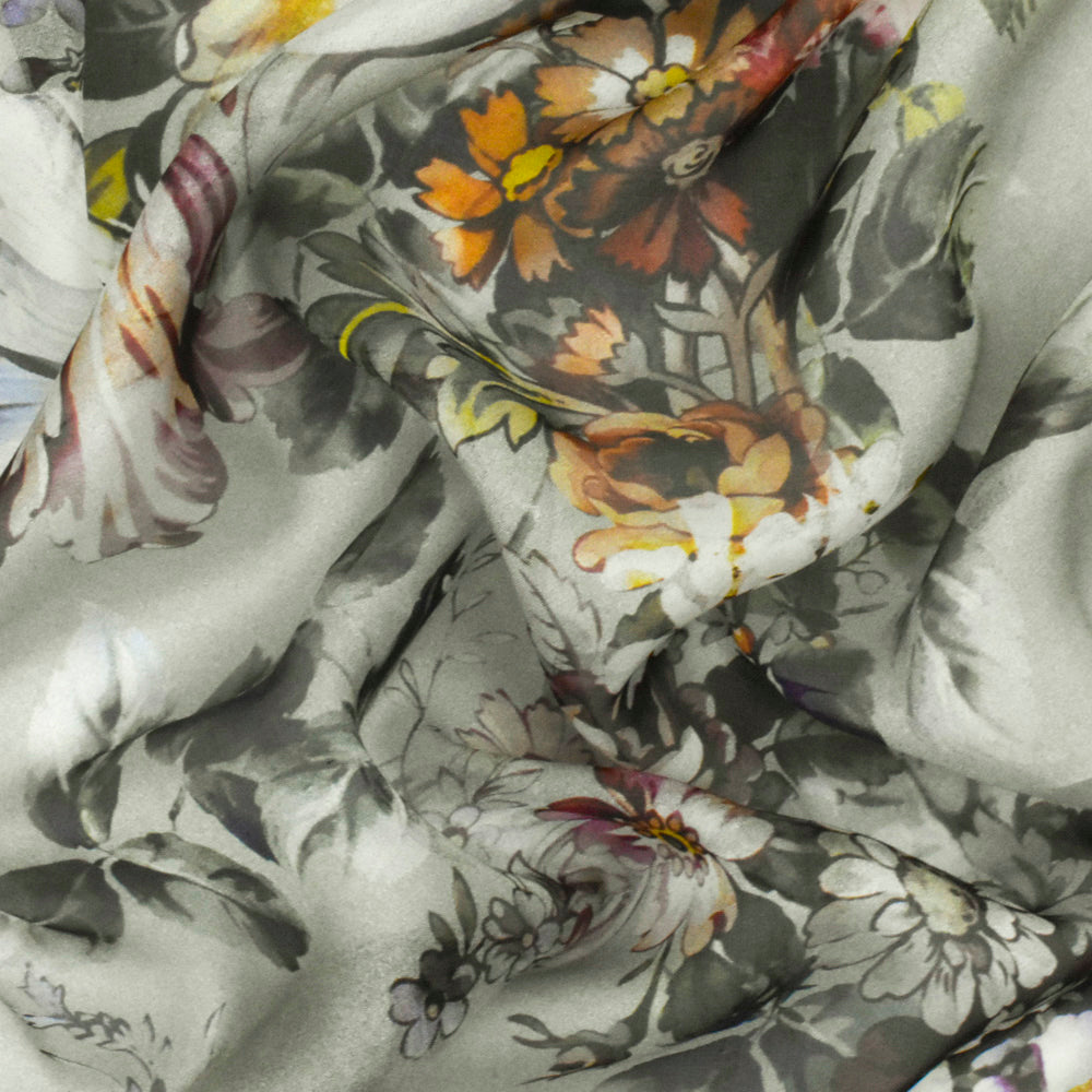 Forest Gray-Brown-Multi Famous Designer Floral Printed Silk Chiffon Fabric