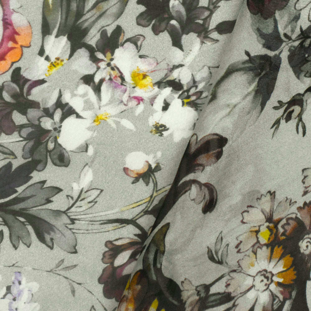 Forest Gray-Brown-Multi Famous Designer Floral Printed Silk Chiffon Fabric