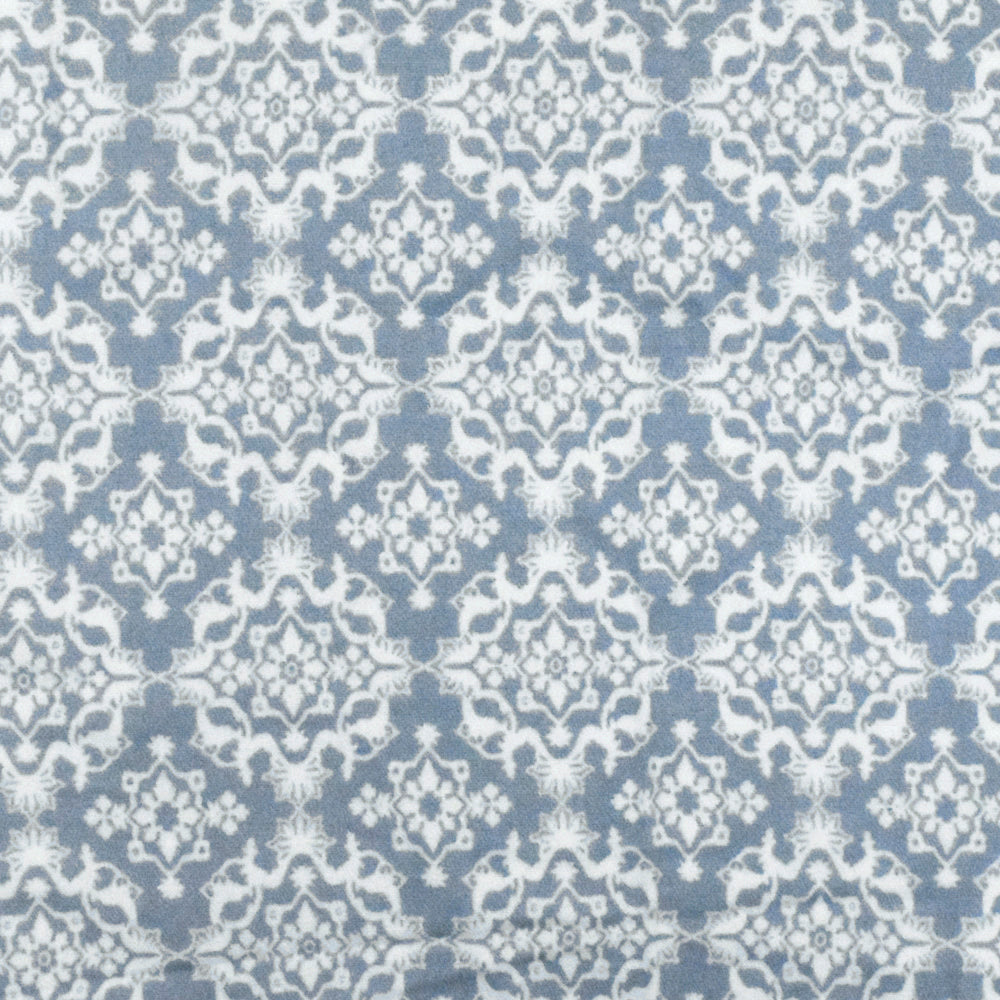 Dusty Blue- Ivory Moroccan Printed Stretch Rayon Momie Woven Fabric