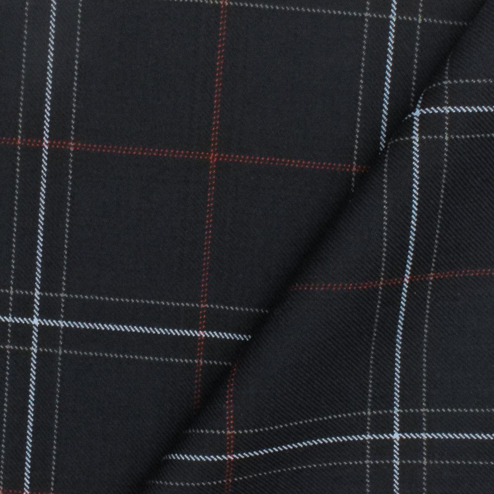 Cool Black-Soft Blue-Multi Plaid Wool-Poly Twill Woven Suiting Fabric