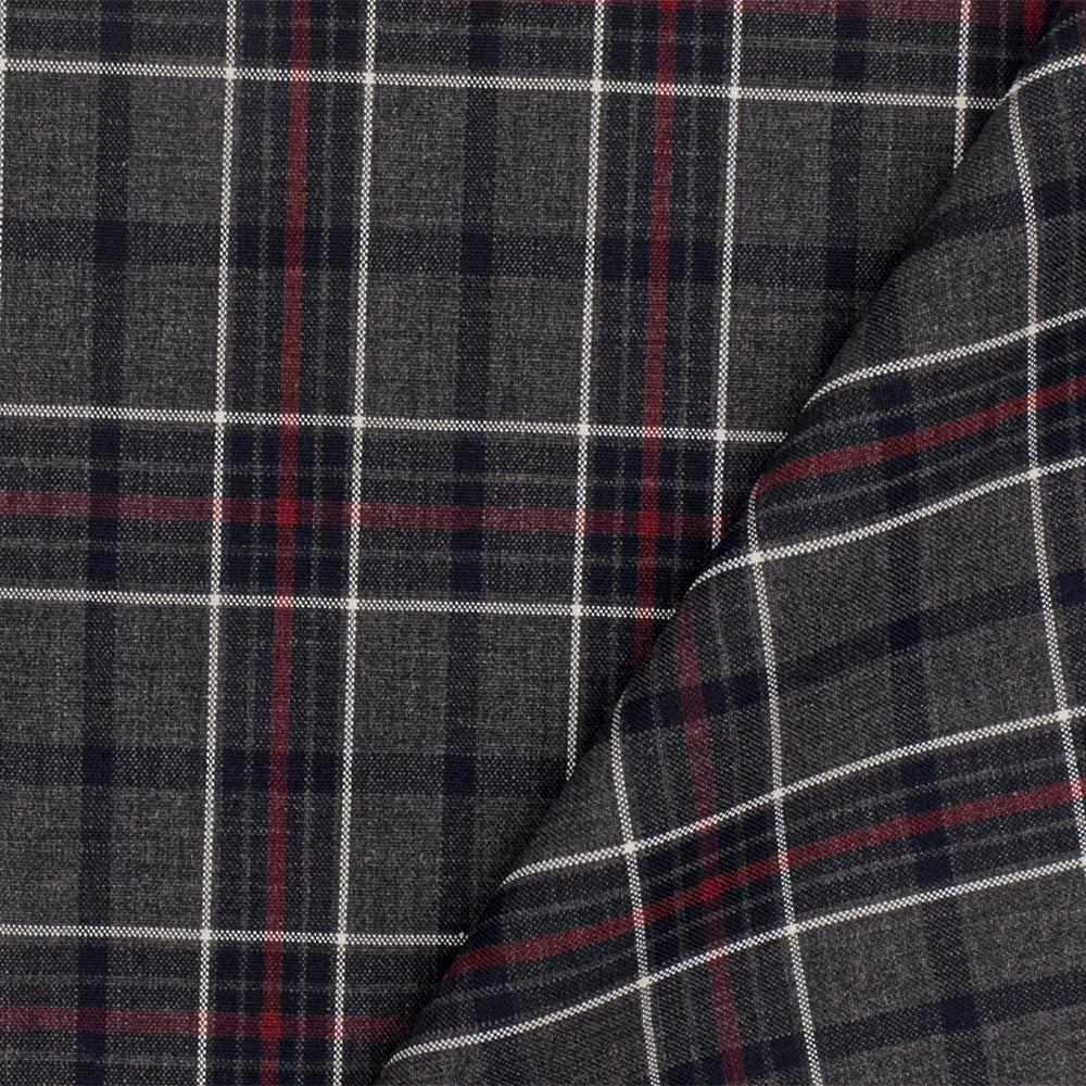 Warm Gray-Red-Multi Plaid Wool-Poly Woven Suiting Fabric
