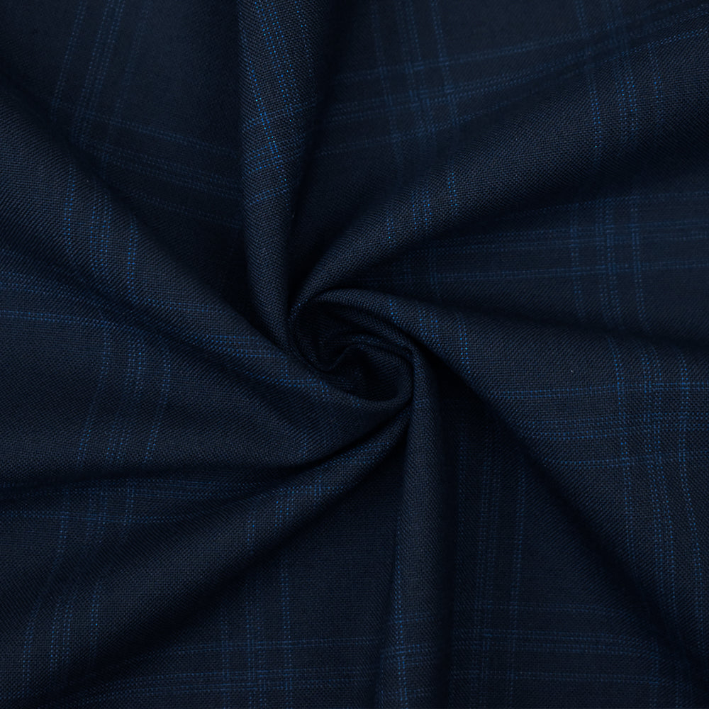 Deep Navy-Blue Wool Poly Check Plaid Woven Shirting Woven Fabric