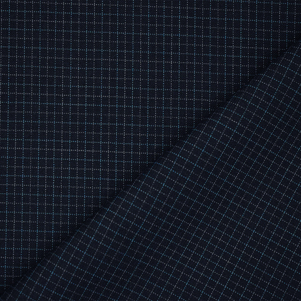 Navy-Blue-Gray Wool Poly Grid Check Woven Shirting Fabric