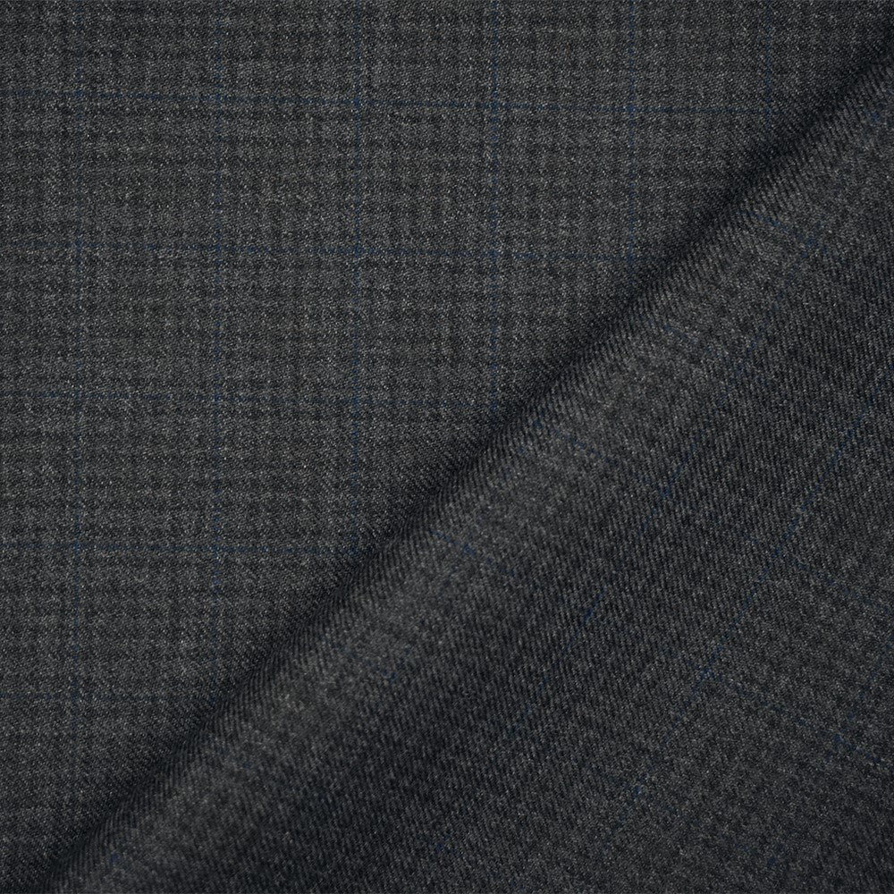 Gray-Black-Blue Wool Polyester Check Twill Plaid Suiting Woven Fabric