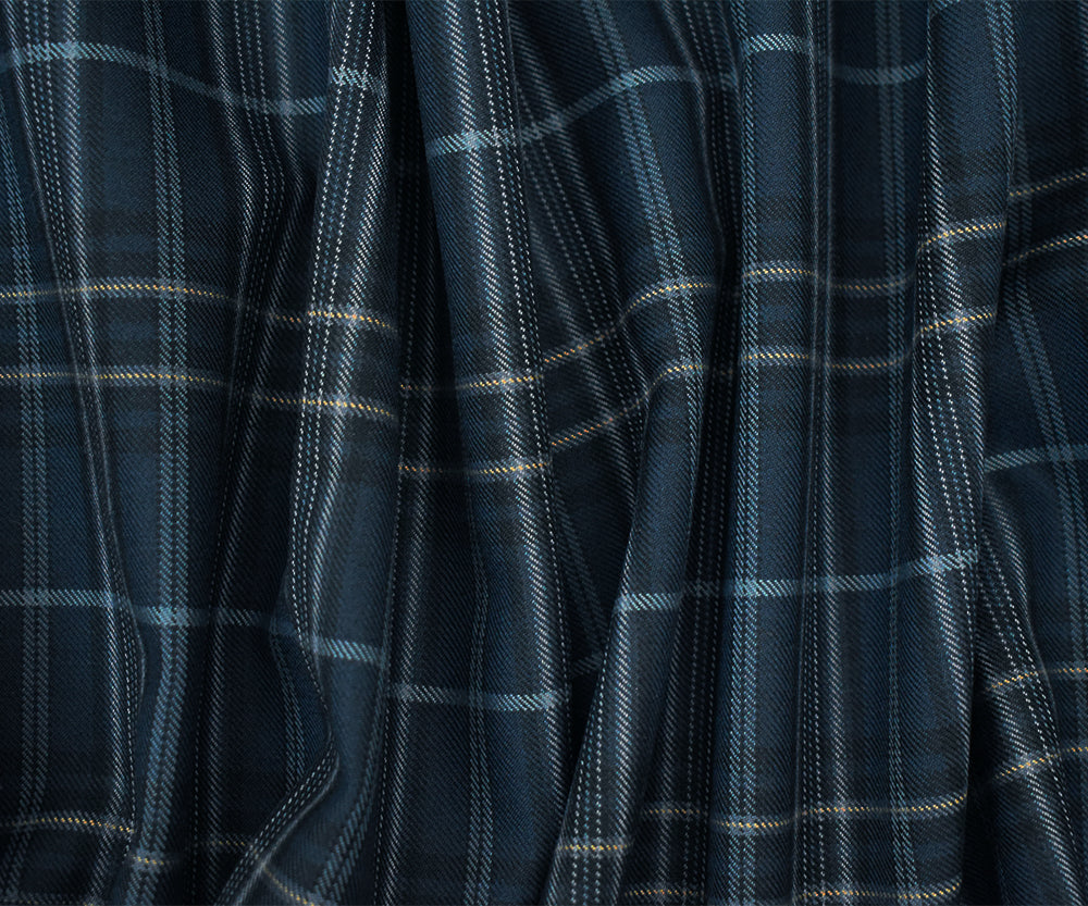 Blue-Black-Multi Wool-Polyester Plaid Woven Twill Suiting Fabric