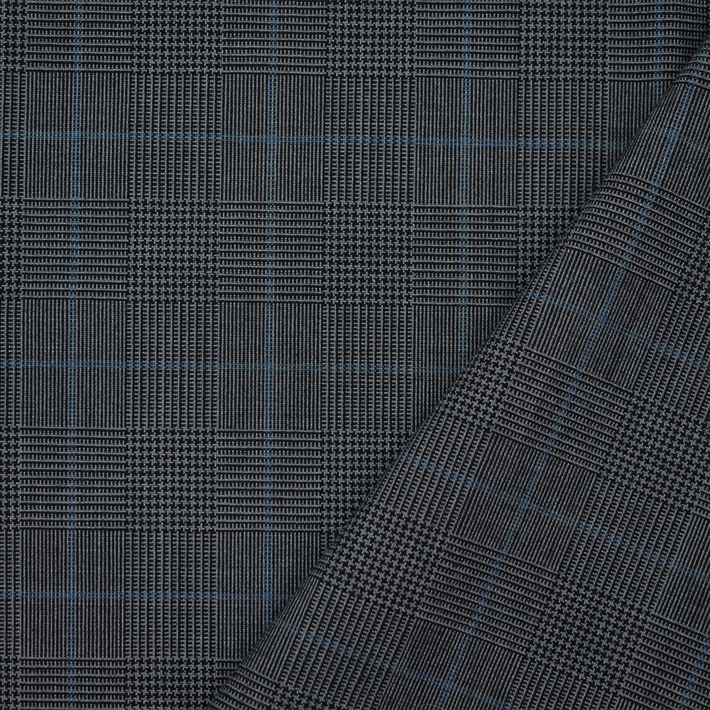 Black-Gray-Blue Wool Polyester Glen Plaid Check Shirting Woven Fabric