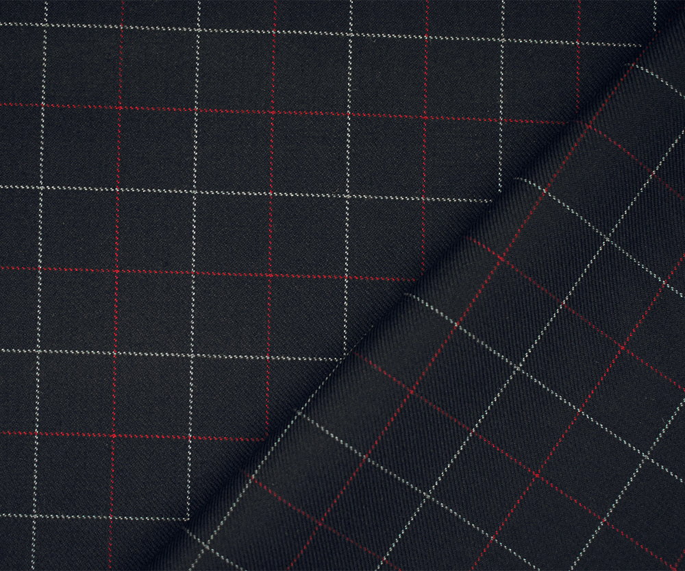 Black-Red-Gray Wool Polyester Check Twill Suiting Woven Fabric