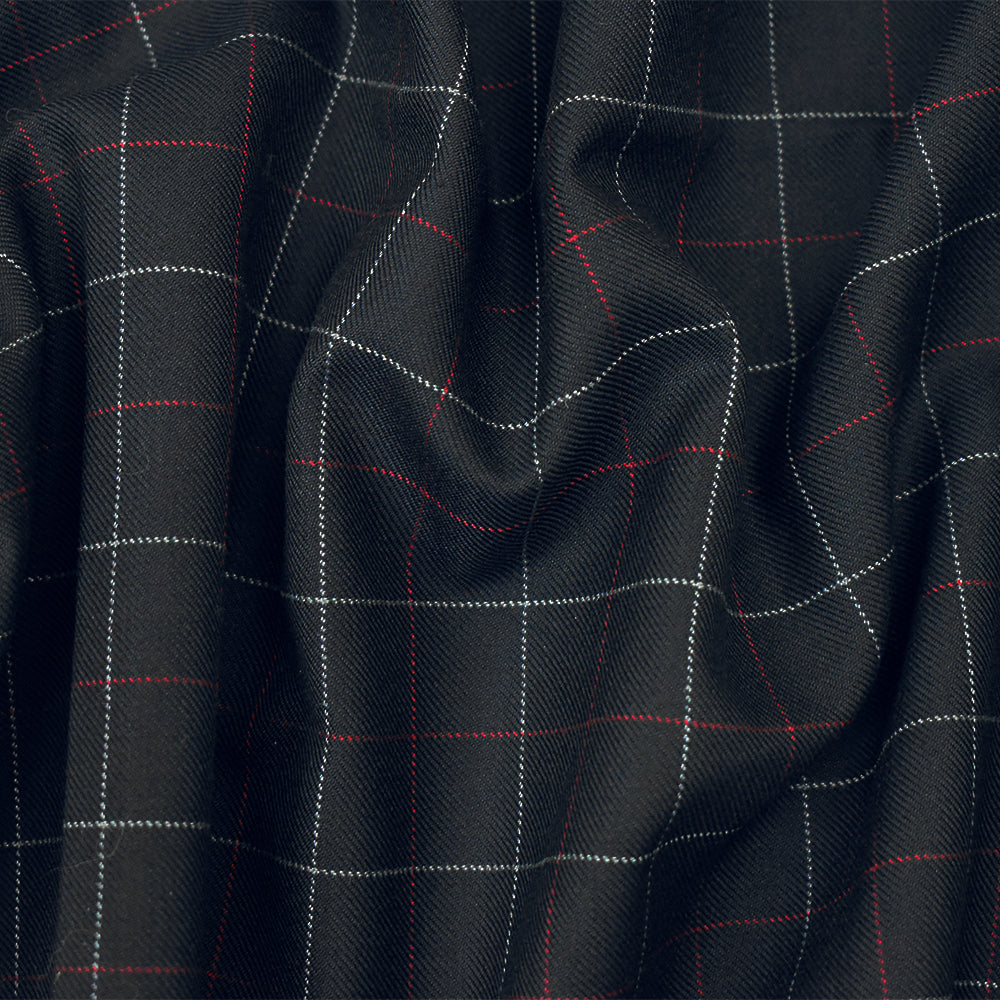 Black-Red-Gray Wool Polyester Check Twill Suiting Woven Fabric