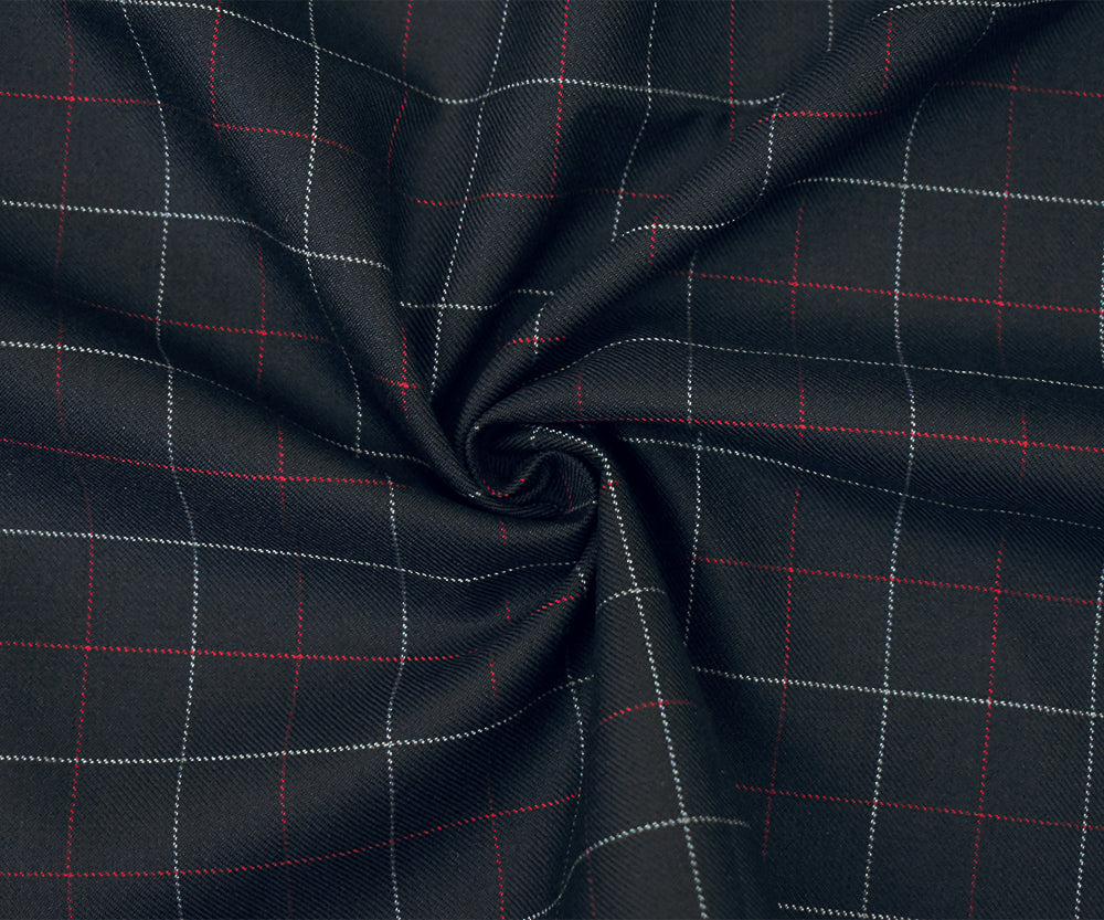 Black-Red-Gray Wool Polyester Check Twill Suiting Woven Fabric
