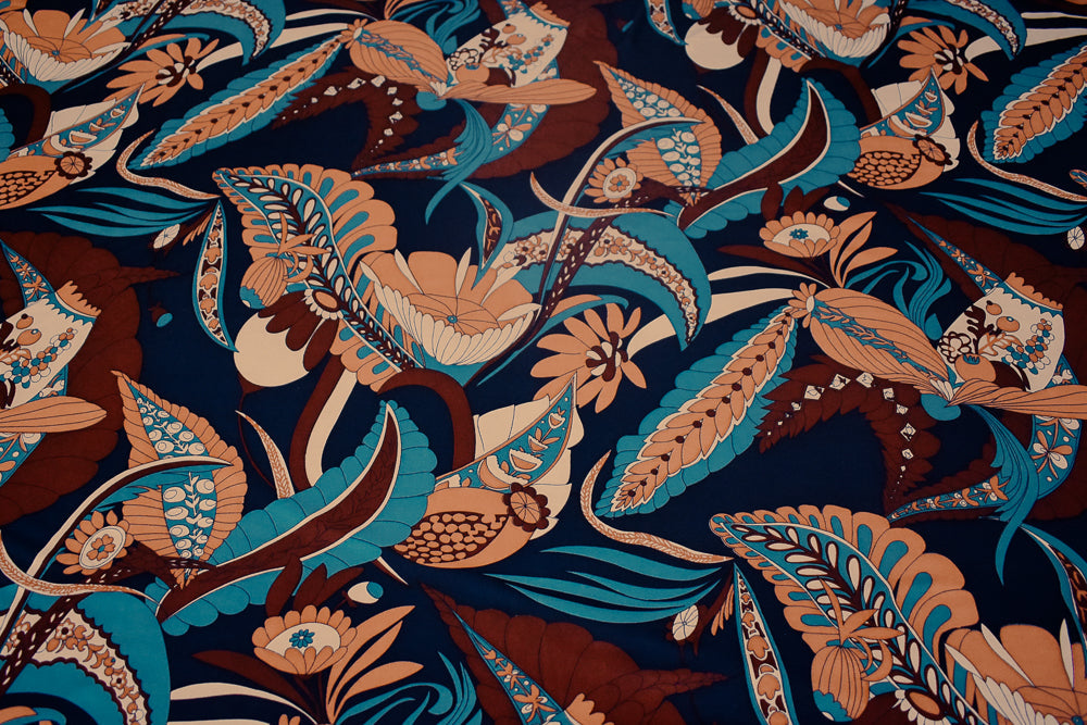 Brown-Teal-Multi Leaves Pattern Printed Stretch Silk Jersey Knit Fabric