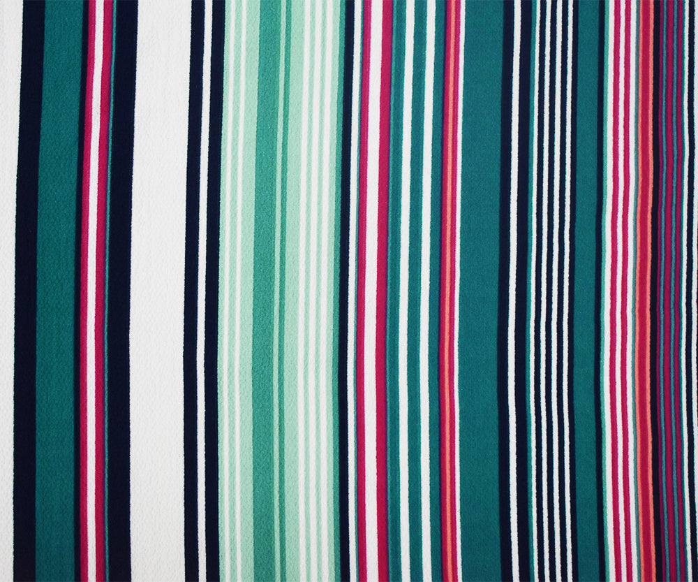 Teal-Pink-Multi Stripe Printed Poly Crepe Georgette Woven Fabric
