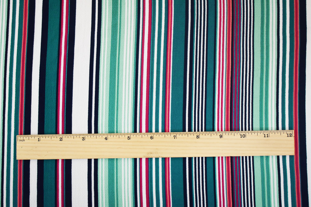 Teal-Pink-Multi Stripe Printed Poly Crepe Georgette Woven Fabric