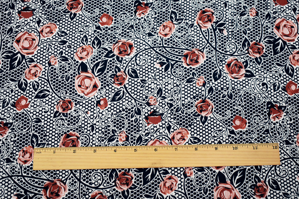 Navy-Peach-Orange Floral Mesh Pattern Printed Linen Woven Fabric