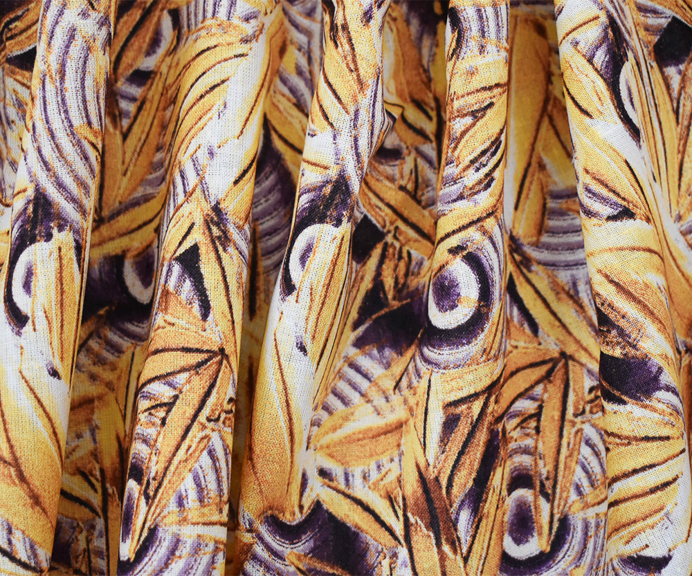 Purple-Yellow-Multi Abstract Whirl Leaf Pattern Printed Linen Woven Fabric