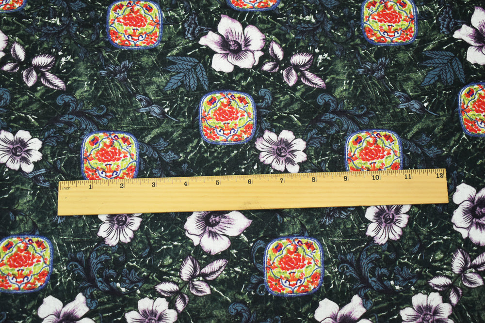 Navy-Purple-Multi Floral and Tile Pattern Printed Linen Woven Fabric