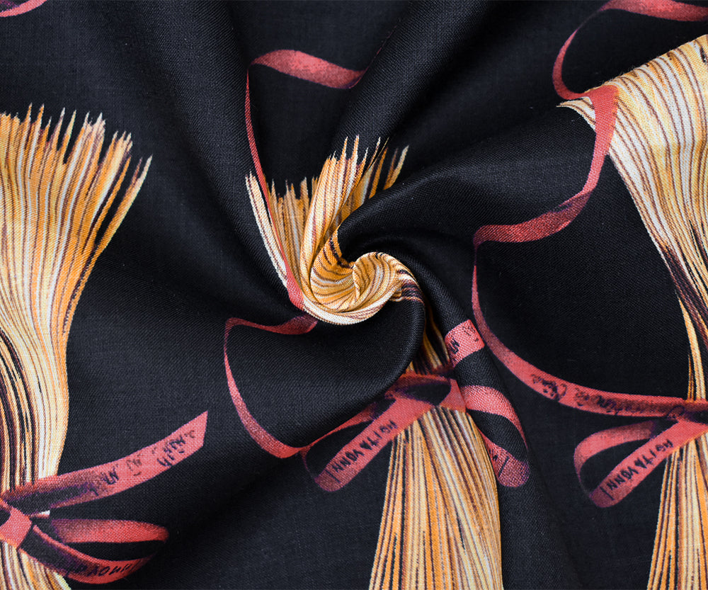 Black-Yellow-Red Ribbon Straw Printed Linen Woven Fabric