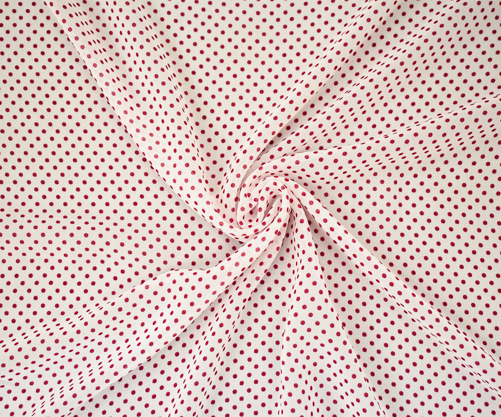 White-Red Polka Dots Printed Poly Chiffon Woven Fabric
