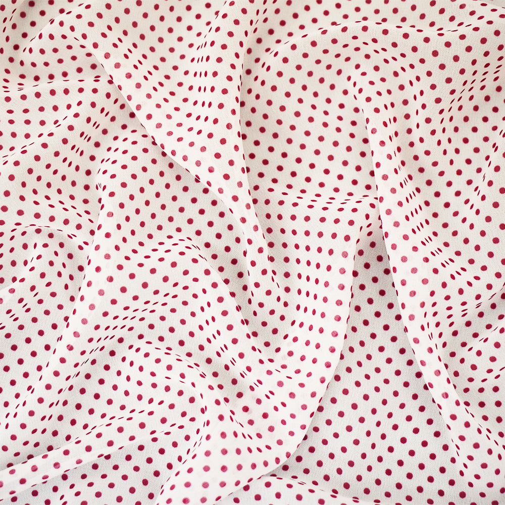 White-Red Polka Dots Printed Poly Chiffon Woven Fabric