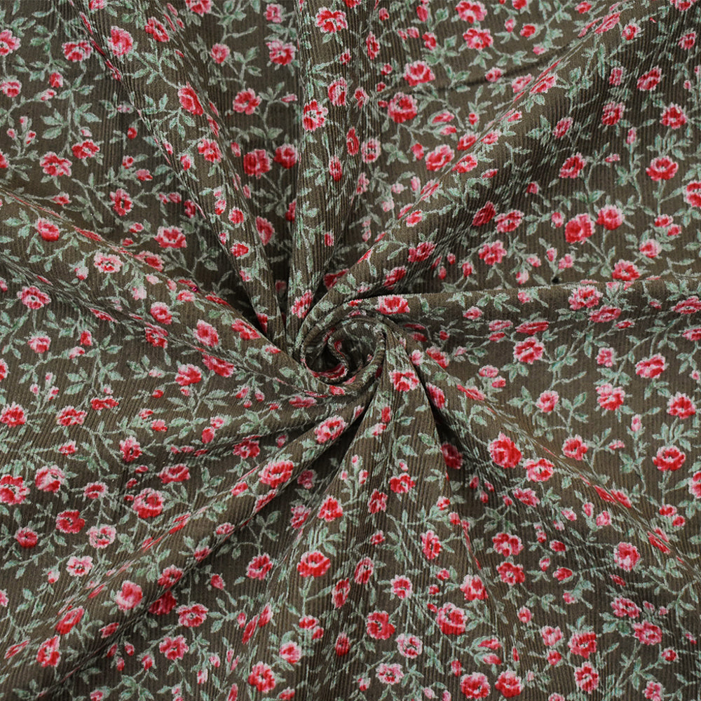 Brown-Red-Green Cotton Floral Corduroy Woven Fabric