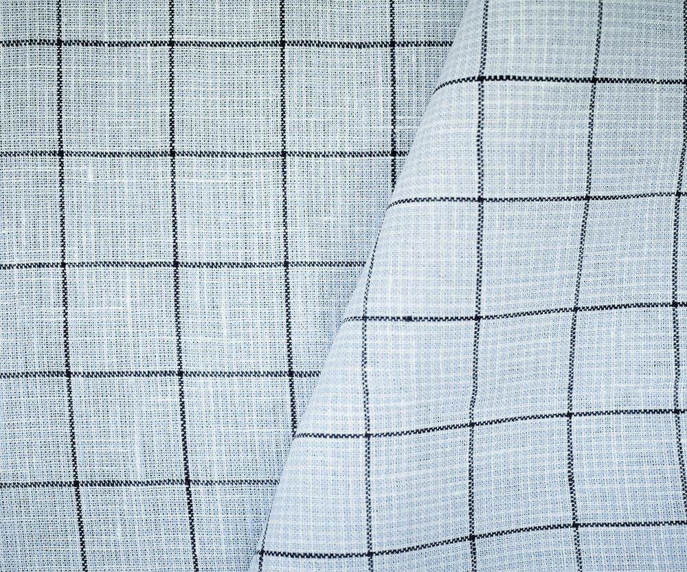 Light Blue-Black-White Spence Bryson Grid Check Irish Linen Woven Fabric