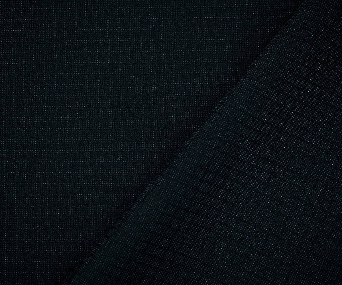 Black-Deep Blue Poly-Wool Stretch Check Grid Shirting Woven Fabric