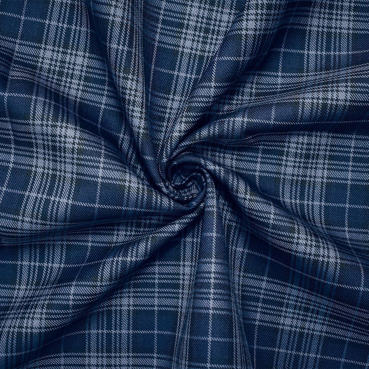 Blue-Black Wool-Polyester Plaid Woven Twill Suiting Fabric