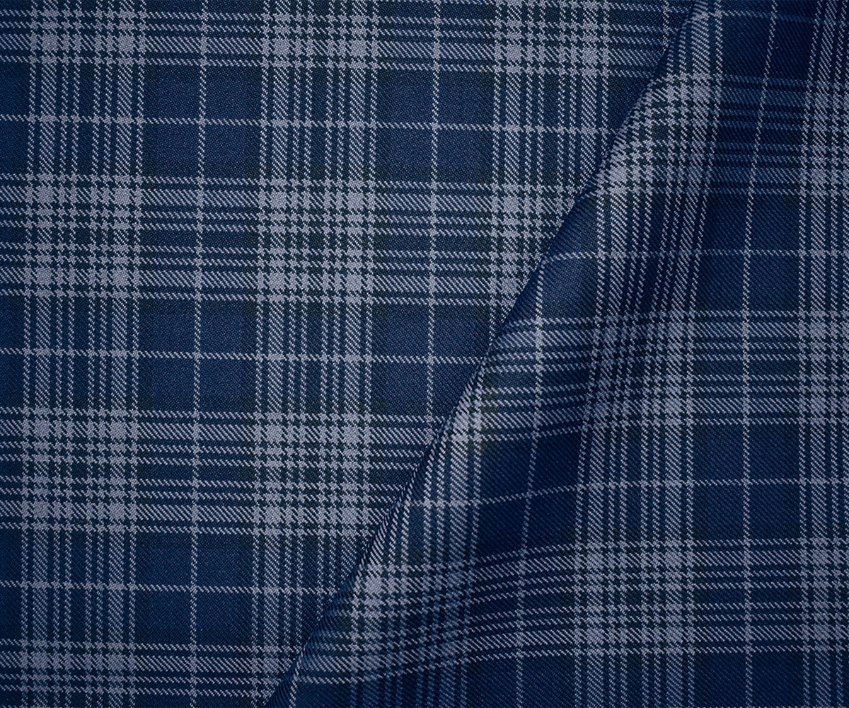 Blue-Black Wool-Polyester Plaid Woven Twill Suiting Fabric