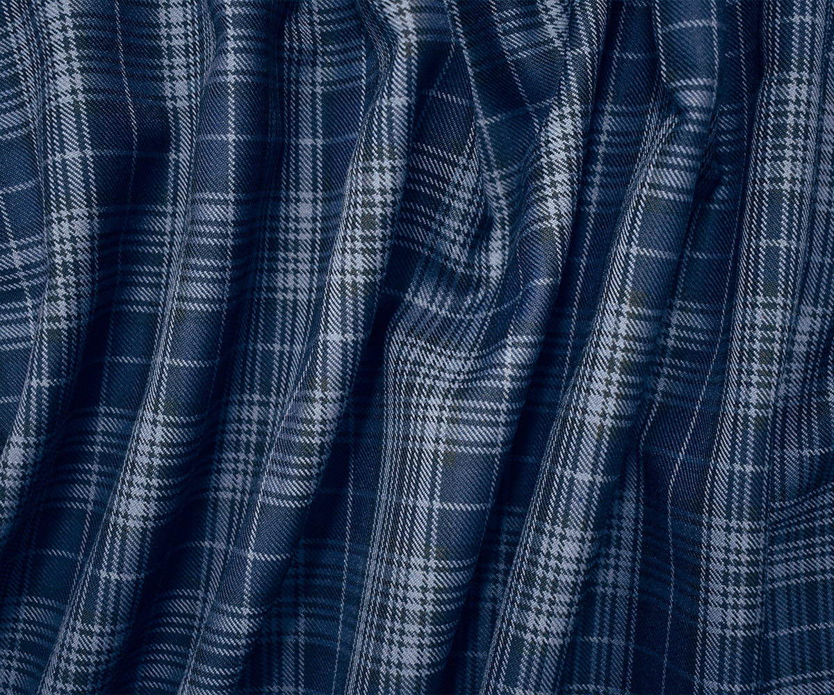 Blue-Black Wool-Polyester Plaid Woven Twill Suiting Fabric