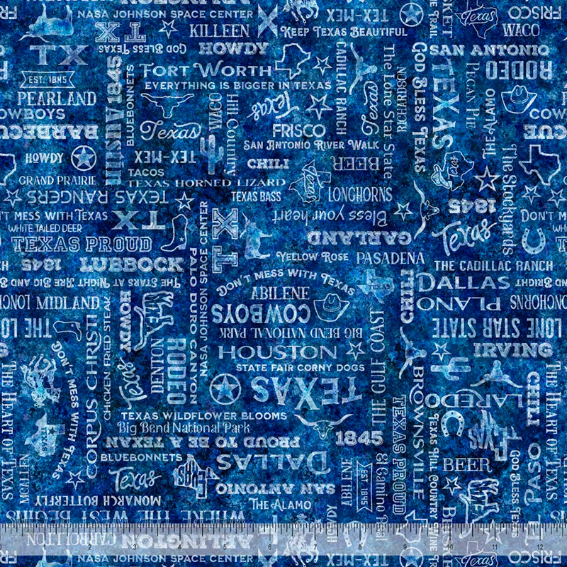 ATXSH Texas Text Indigo Cotton 44"/45" Fabric Per Yard