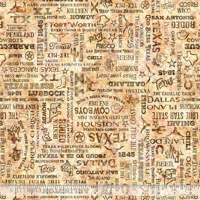 ATXSH Texas Text Tan Cotton 44"/45" Fabric Per Yard