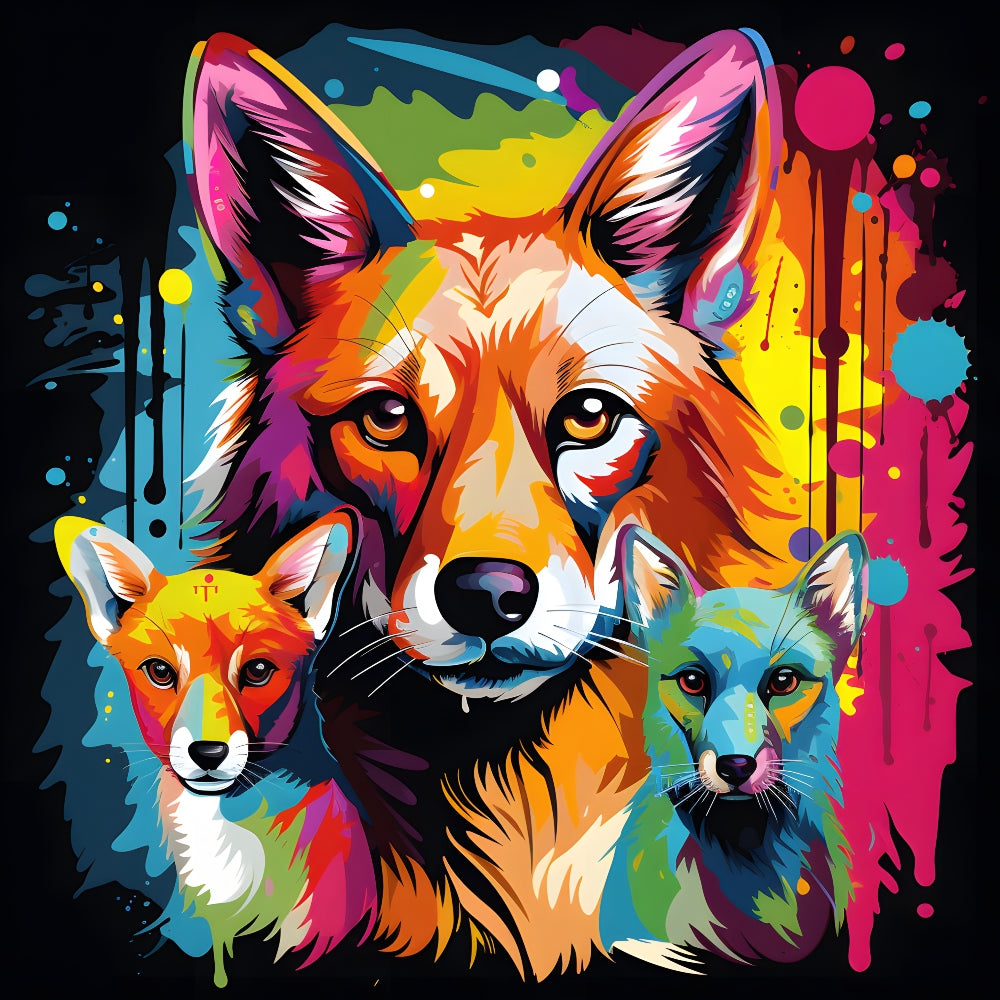 Abstract Animals Pop Art Foxes Fabric Panel QuiltingFabricPanels