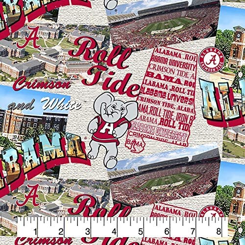 Alabama Crimson Tide Scenic Map licensed collegiate quilting fabric, campus map print on cotton, sold by the yard