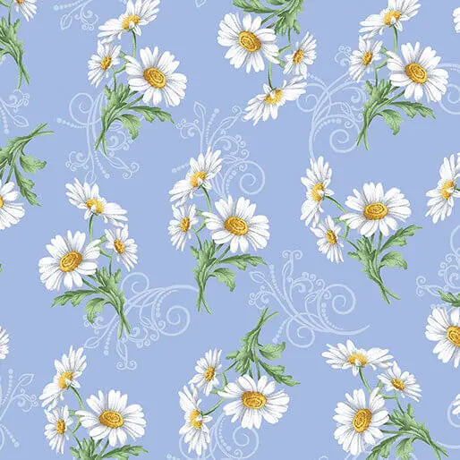 All About Daisies Daisy Scroll quilting fabric in sky by Jackie Robinson for Benartex, daisy print on blue cotton, sold by the yard